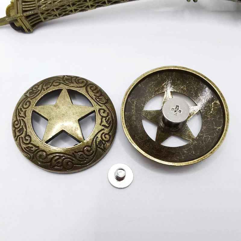 Bronze-tone star screw stud rivets with ornate round faces and metal screw
