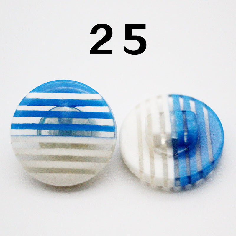 Rainbow striped resin button, blue and white horizontal stripes, round shank