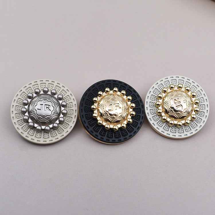Three round vintage metal shank buttons: silver/white, gold/black, gold/white
