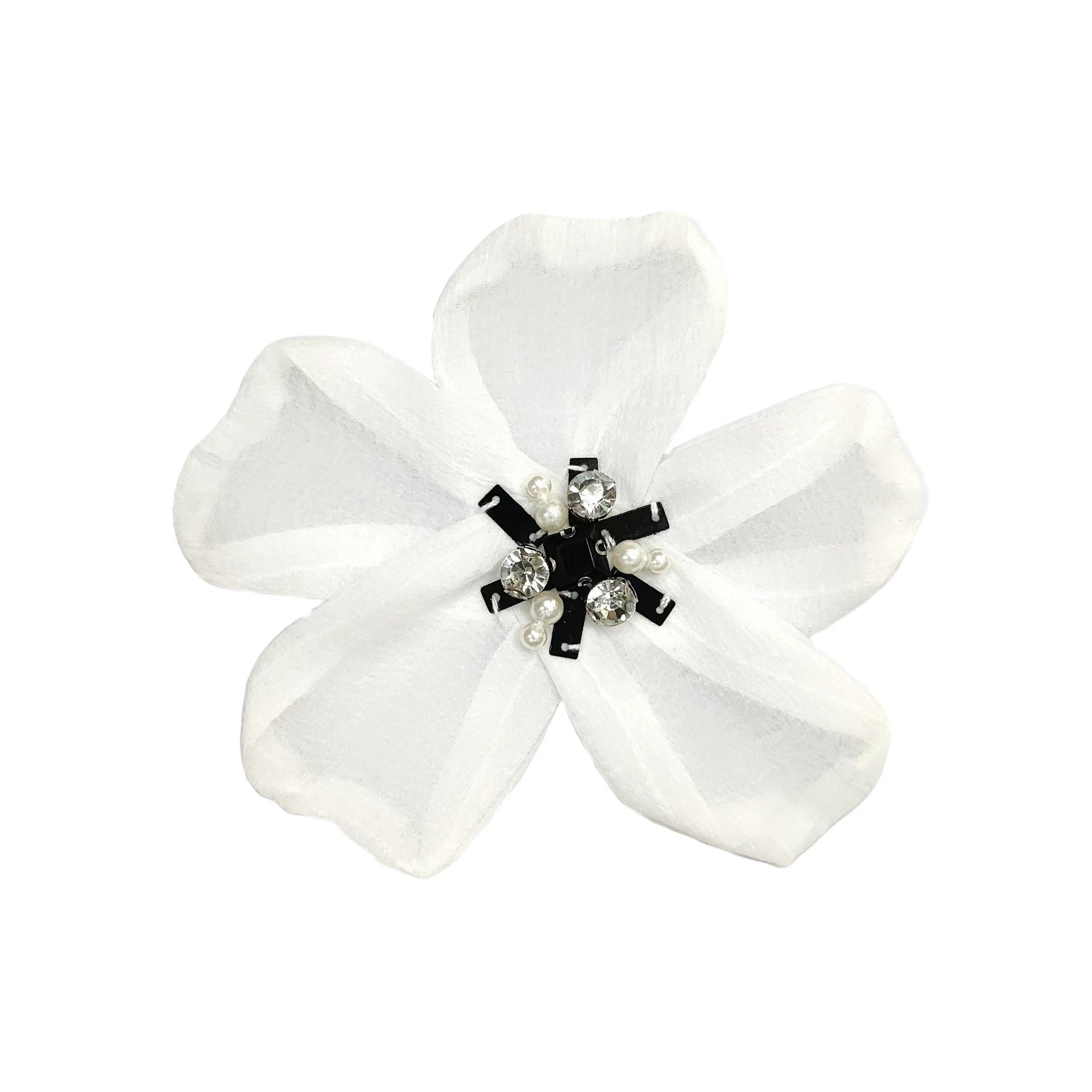 Single white flower applique: organza chiffon petals with rhinestone center and black accents