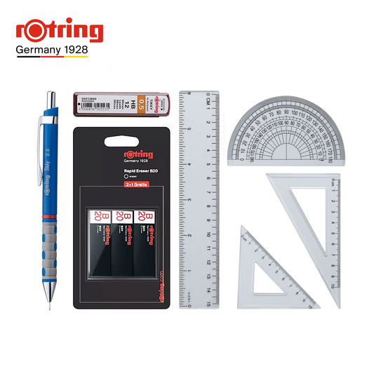 rOtring Tikky Mechanical Pencil Complete Set – 0.5mm Pencil + B20 Erasers + 0.5mm Lead Refills + 4-Piece Ruler Set Blue