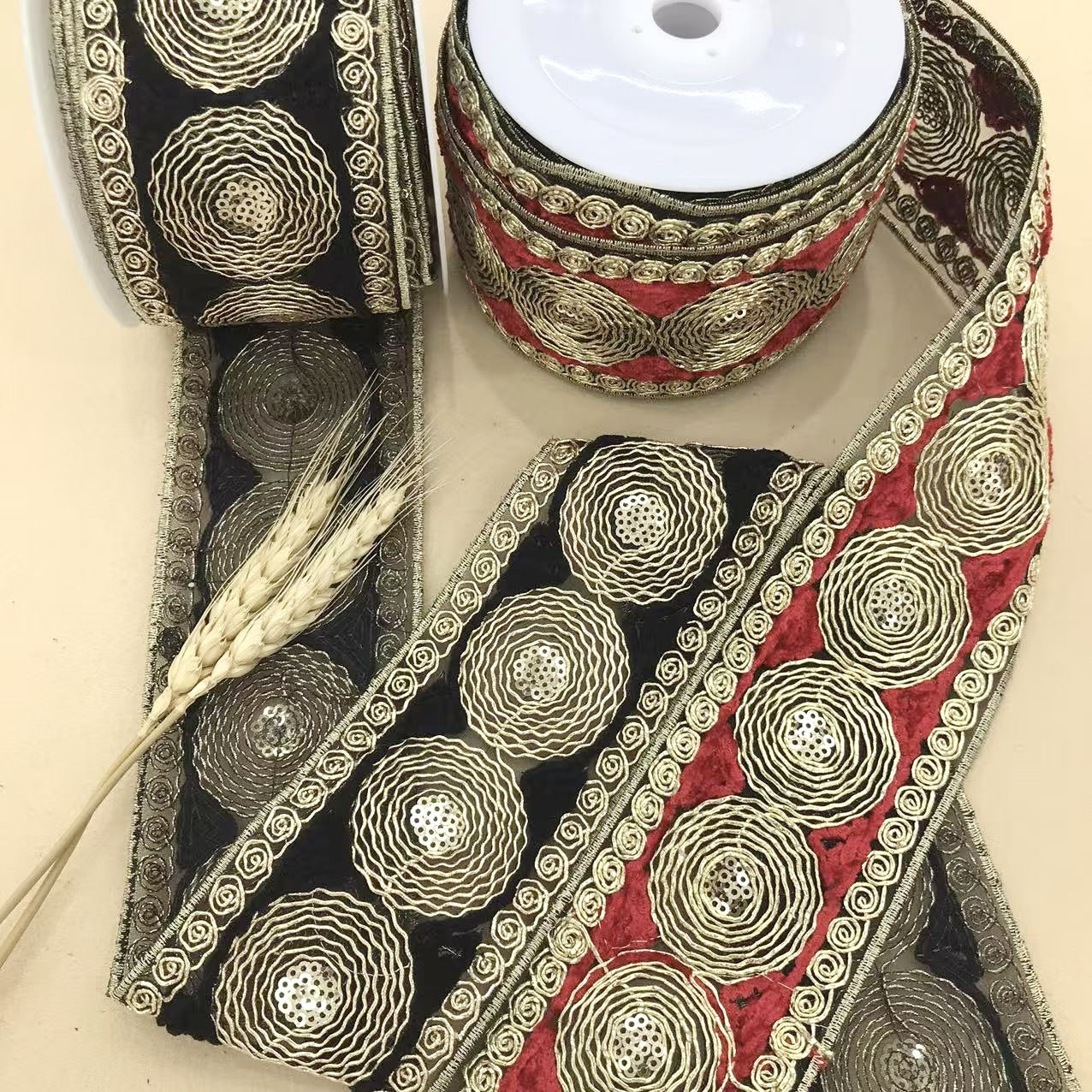 Wine red lace trim with circular Miao embroidery, spiral border, 6.5 cm wide