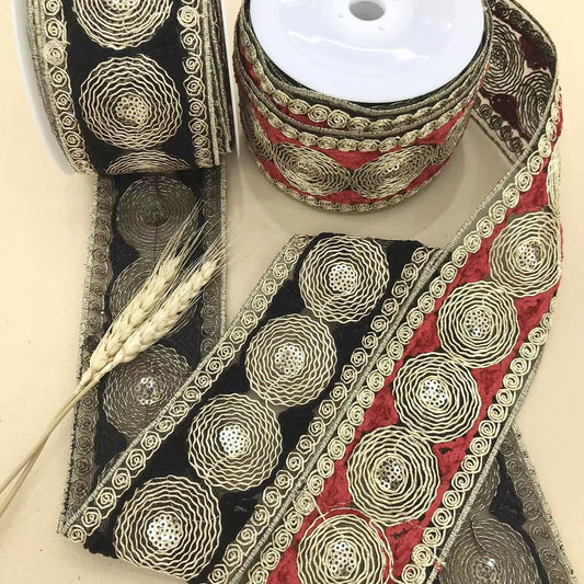 Wine red lace trim with circular Miao embroidery, spiral border, 6.5 cm wide