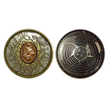 Metal shank spiral buttons: bronze and black/gold patterned faces, 10 pcs