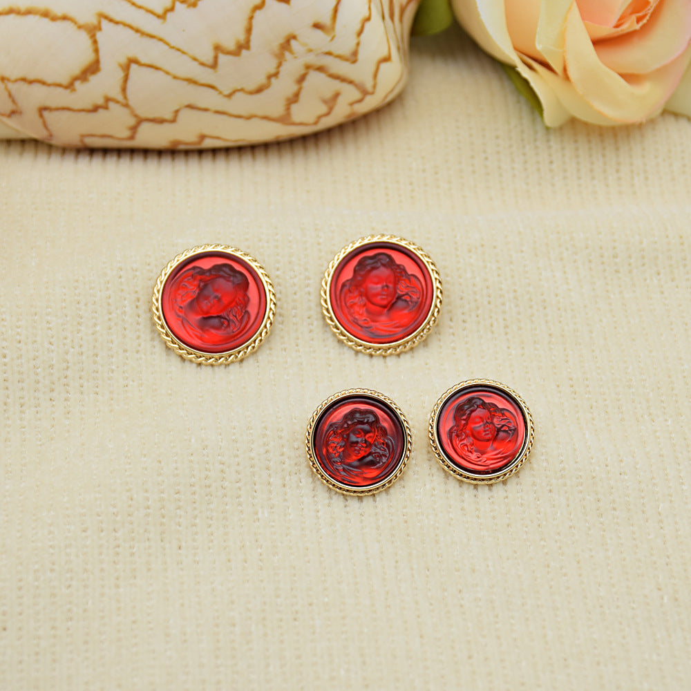 Red lady portrait resin buttons with gold rim; 4 round buttons with decorative portrait detail.