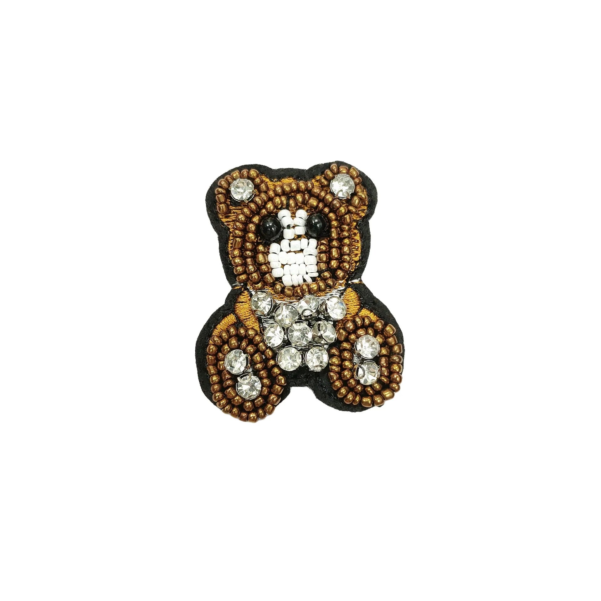 Brown teddy bear sequin appliqué with white beading and sparkling rhinestone details