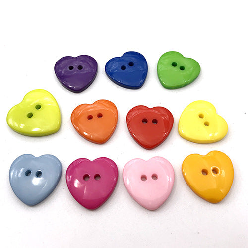 Heart-shaped resin buttons with two holes in purple, blue, green, orange, red, yellow