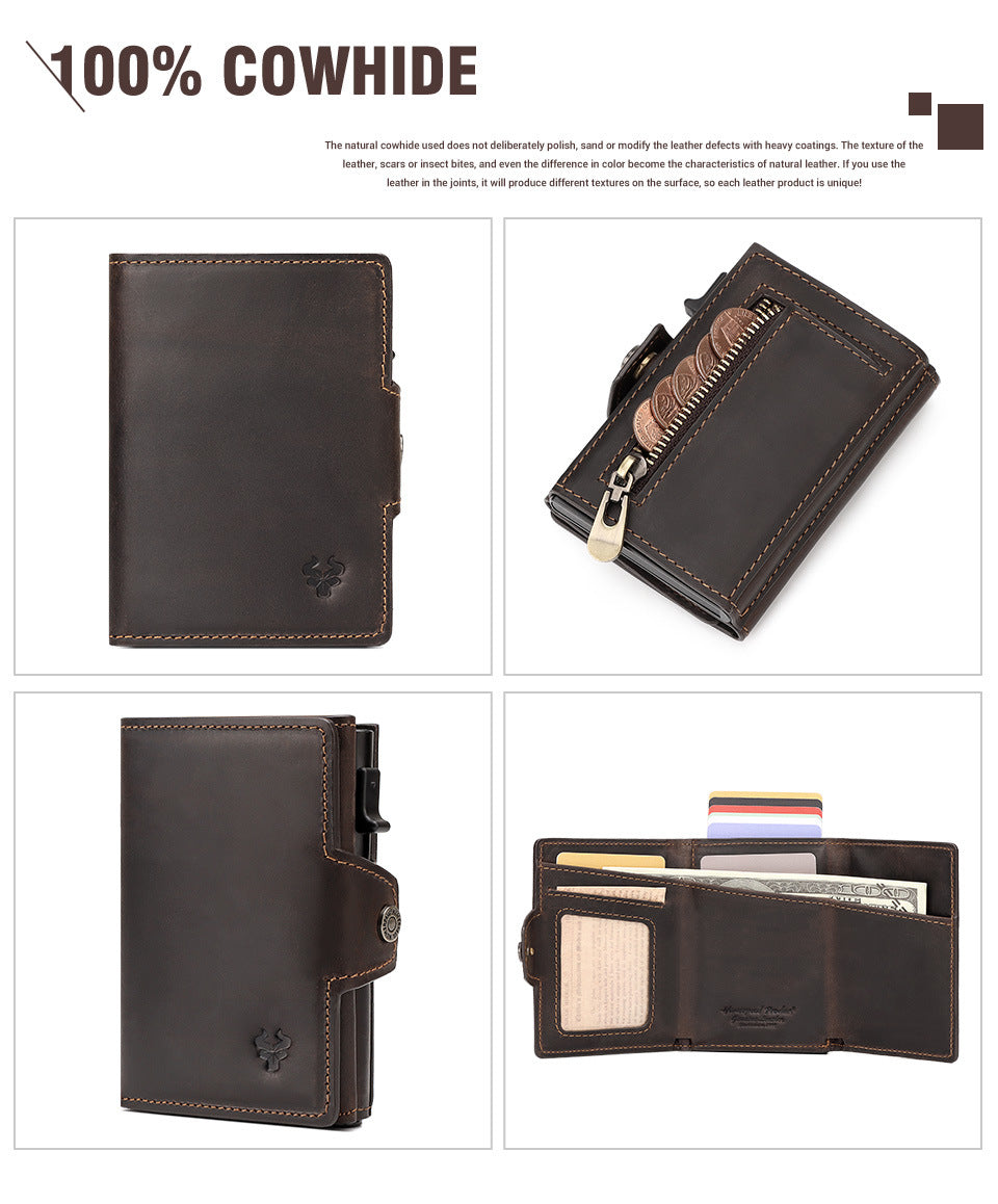 Waxed Leather Wallet Coin Purse,Auto-Eject RFID Metal Card Case