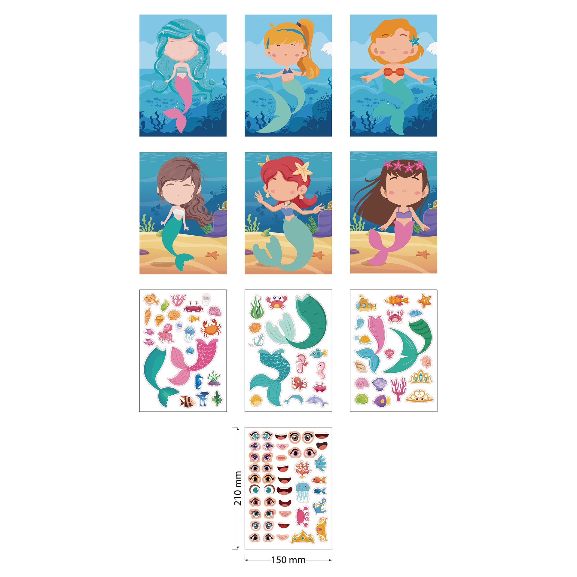 20 Sheets Mermaid Make a Face Stickers for Kids Girls DIY
