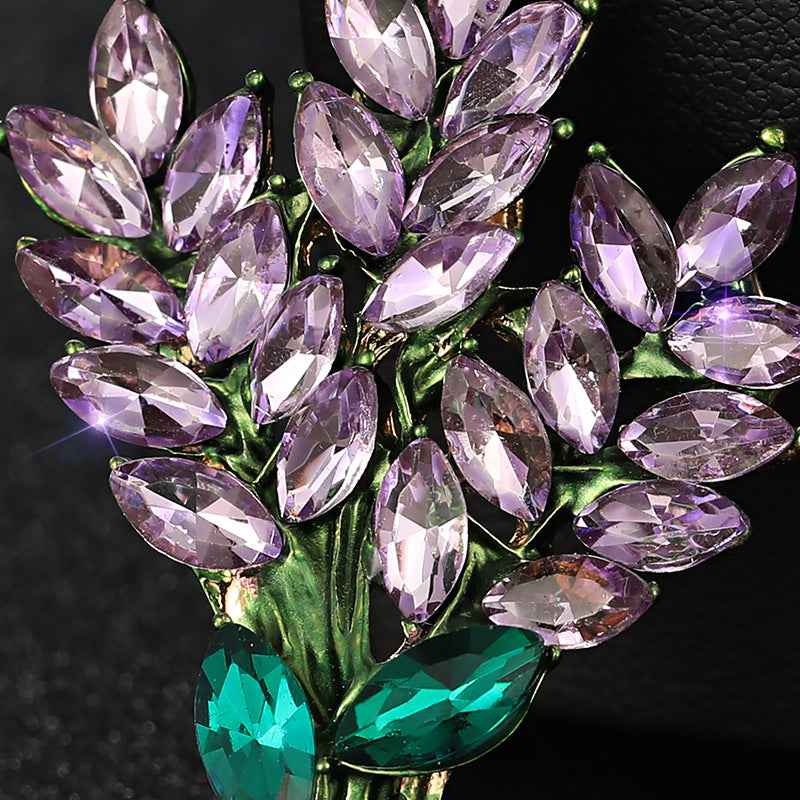 Lavender crystal marquise flower brooch pin, close-up faceted stones
