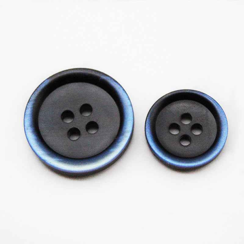 Round black resin button with blue gradient edge, 4-hole, close-up (2 buttons)