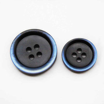 Round black resin button with blue gradient edge, 4-hole, close-up (2 buttons)