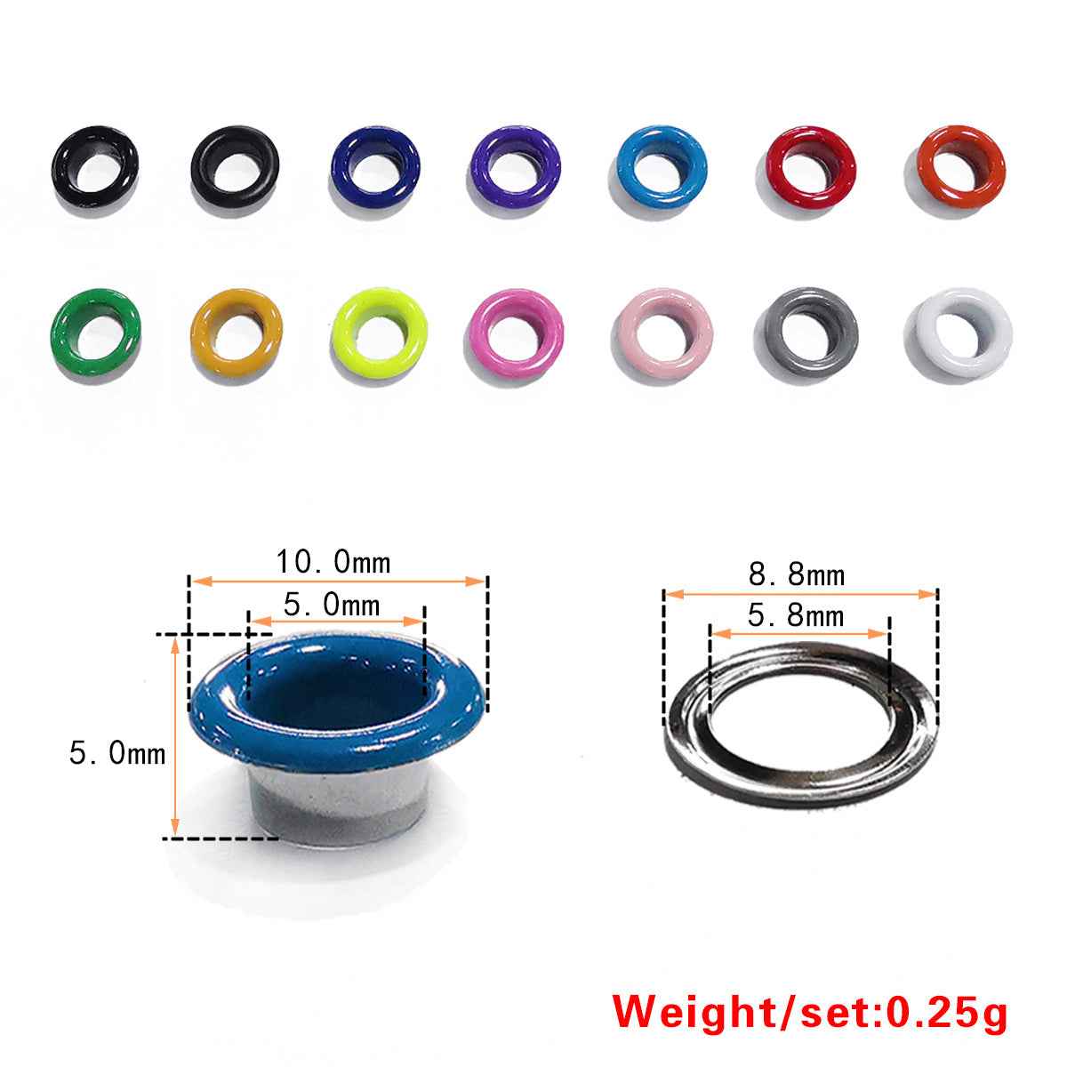 Shoe eyelets hollow rivets size guide: 10.0mm outer, 5.0mm inner, 5.0mm height