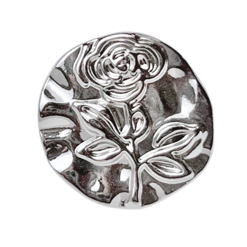 Silver round metal shank button with embossed rose and leaf motif