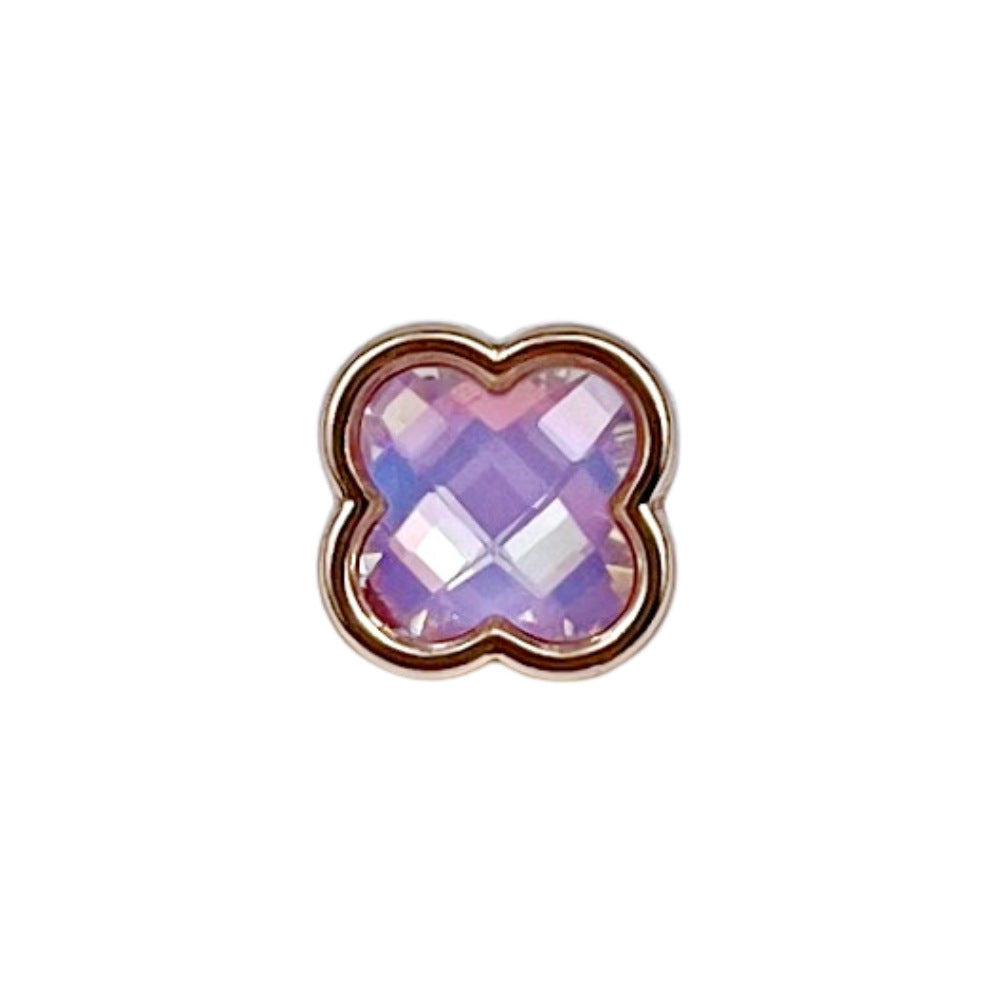 Four-leaf clover metal button, purple iridescent stone with gold-tone edges