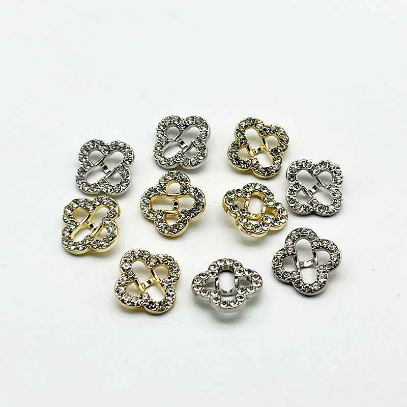 Four-leaf clover rhinestone shank buttons, mixed silver and gold, 20 pcs