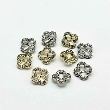 Four-leaf clover rhinestone shank buttons, mixed silver and gold, 20 pcs