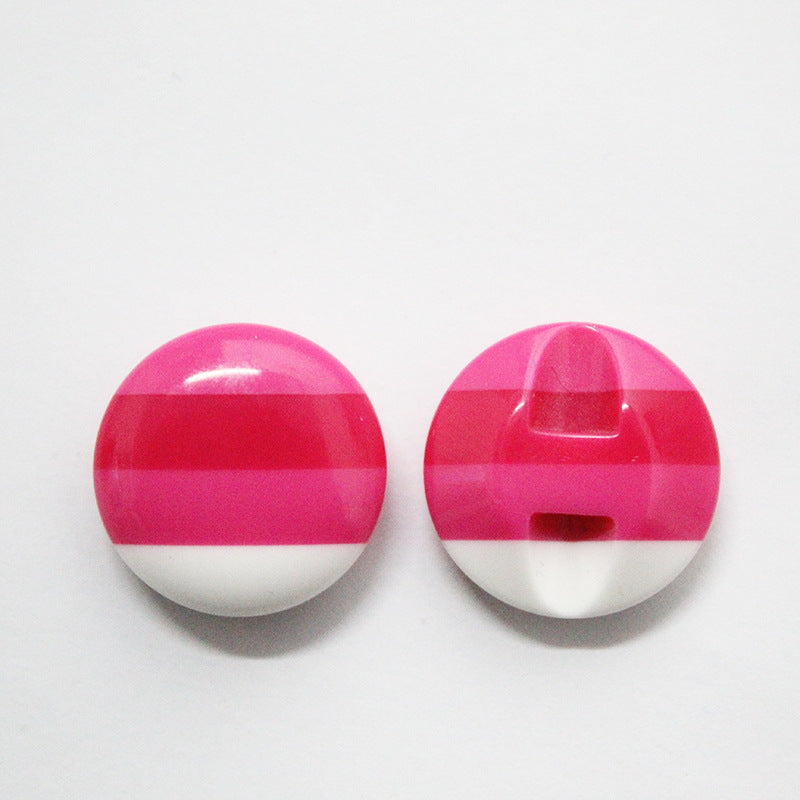 Round pink resin buttons with hidden hole and white bottom band, glossy finish