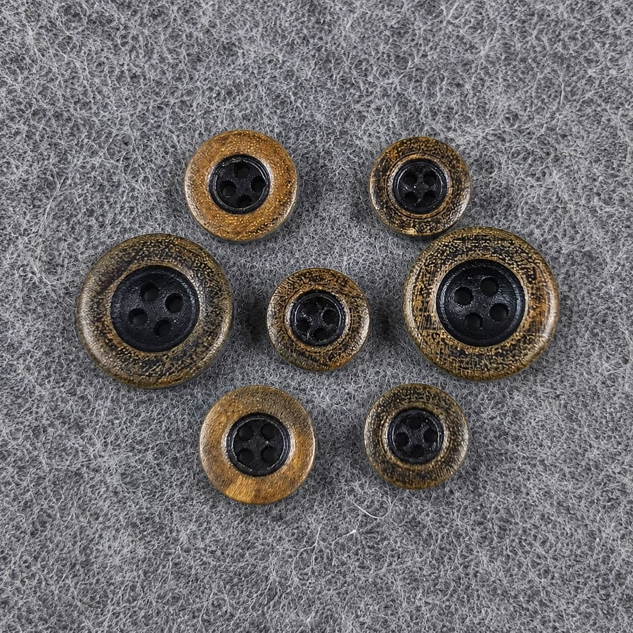 Dark brown round concave 4-hole wooden buttons, multiple pieces