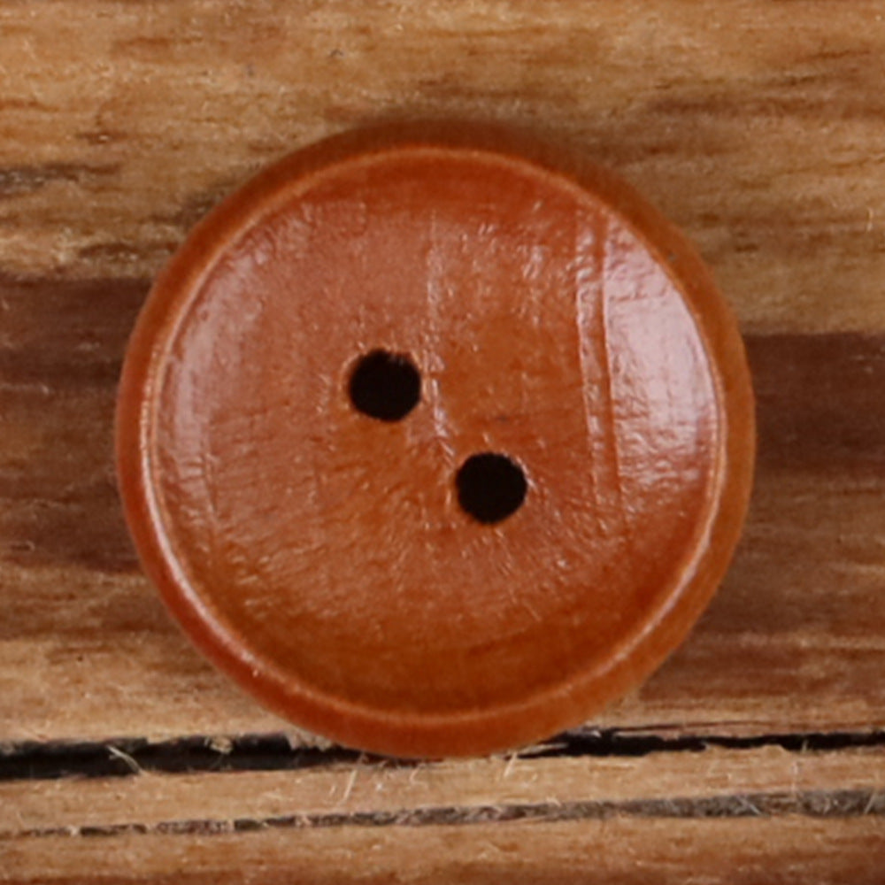 Orange-brown round 2-hole wooden button.