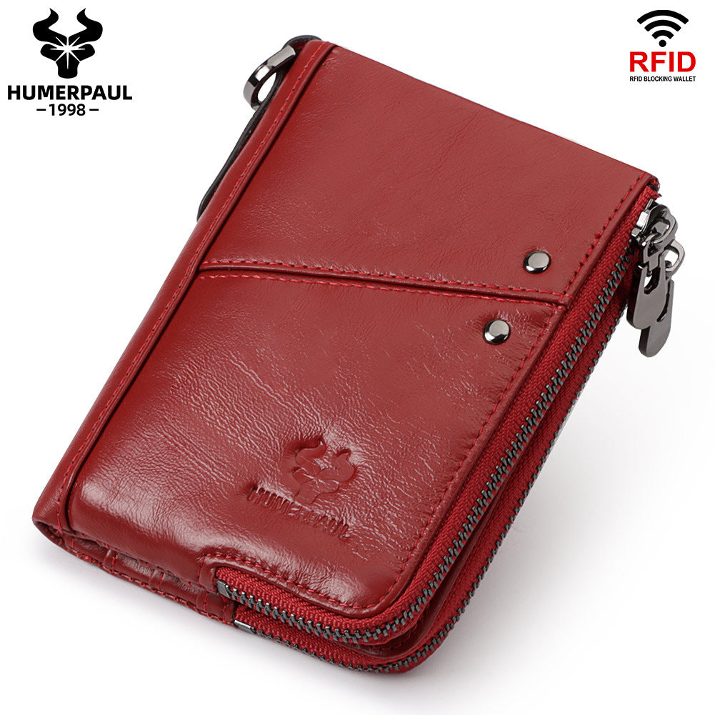 RFID Blocking Leather Short Wallet with Double Zipper Red