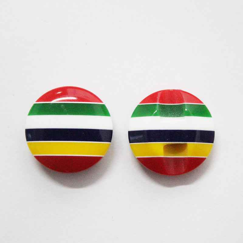 Round striped resin buttons with hidden hole, red/green/white/yellow bands with dark navy band