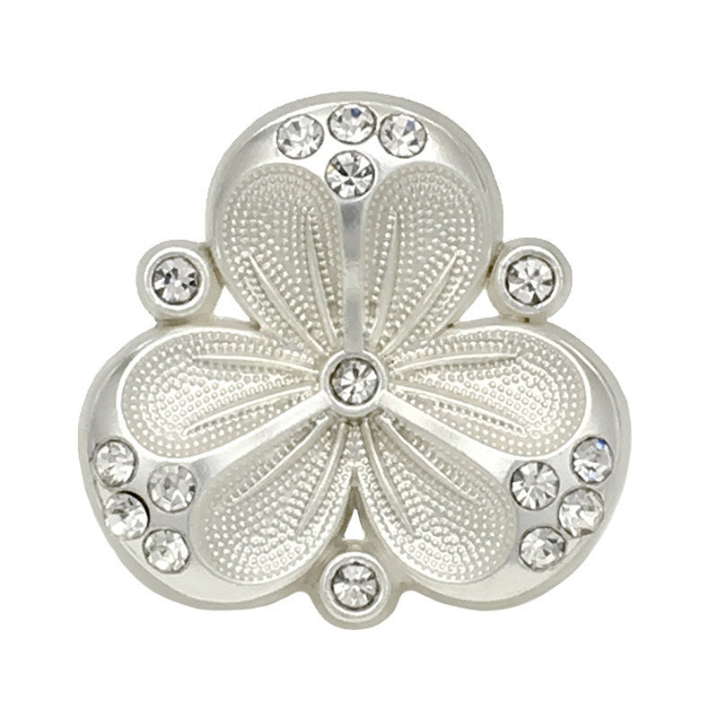 Silver diamond three-petal flower metal shank button with rhinestone center and side stones