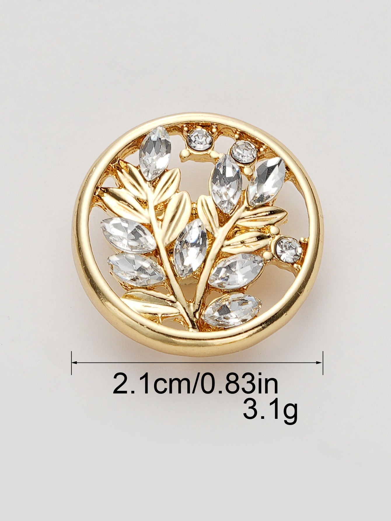 Round crystal flower metal shank button, gold finish, 21 mm