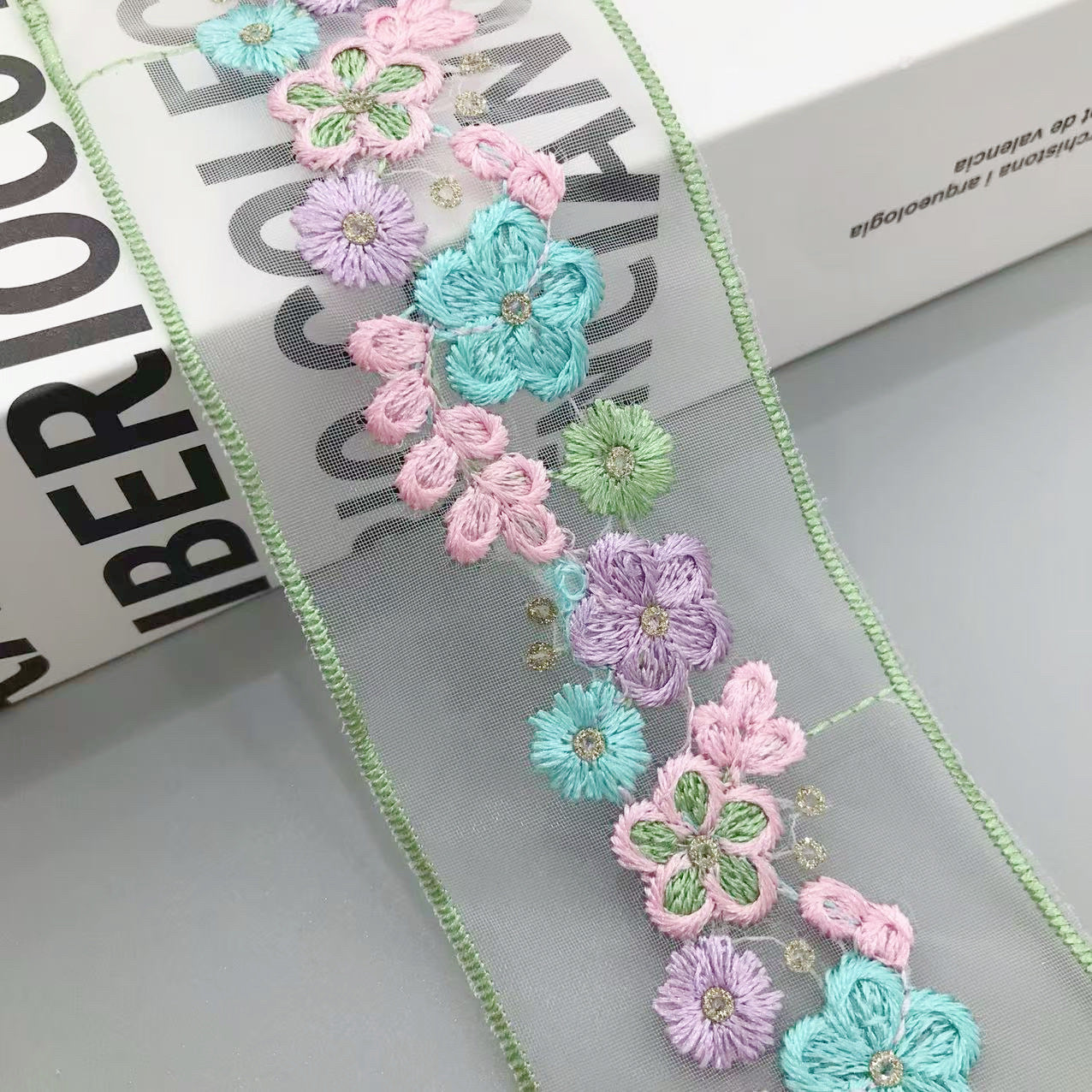 5cm floral sequin organza lace trim in mint, pink, and lavender flowers with gold details