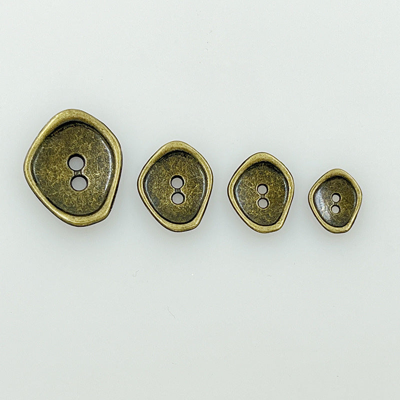 Antique gold irregular 2-hole metal buttons, four sizes with textured outer border