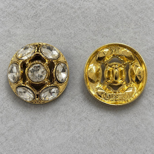 Gold domed metal shank button, front and back view with clear rhinestone trim