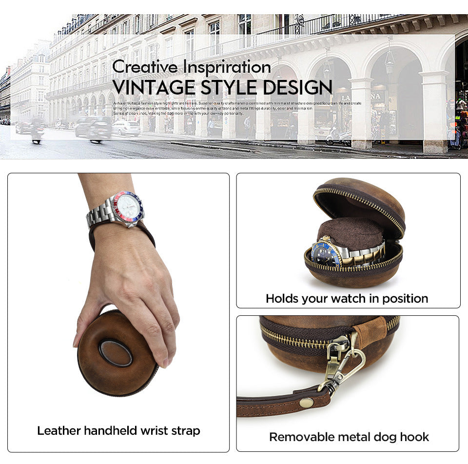 Vintage Round Leather Single Watch Case Box with Removable Wrist Cushion