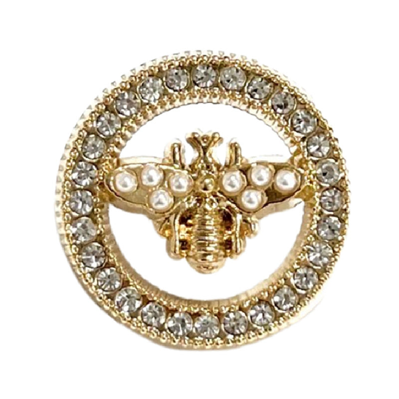 23mm Hollow Crystal Pearl bee shank button, gold tone, rhinestone border
