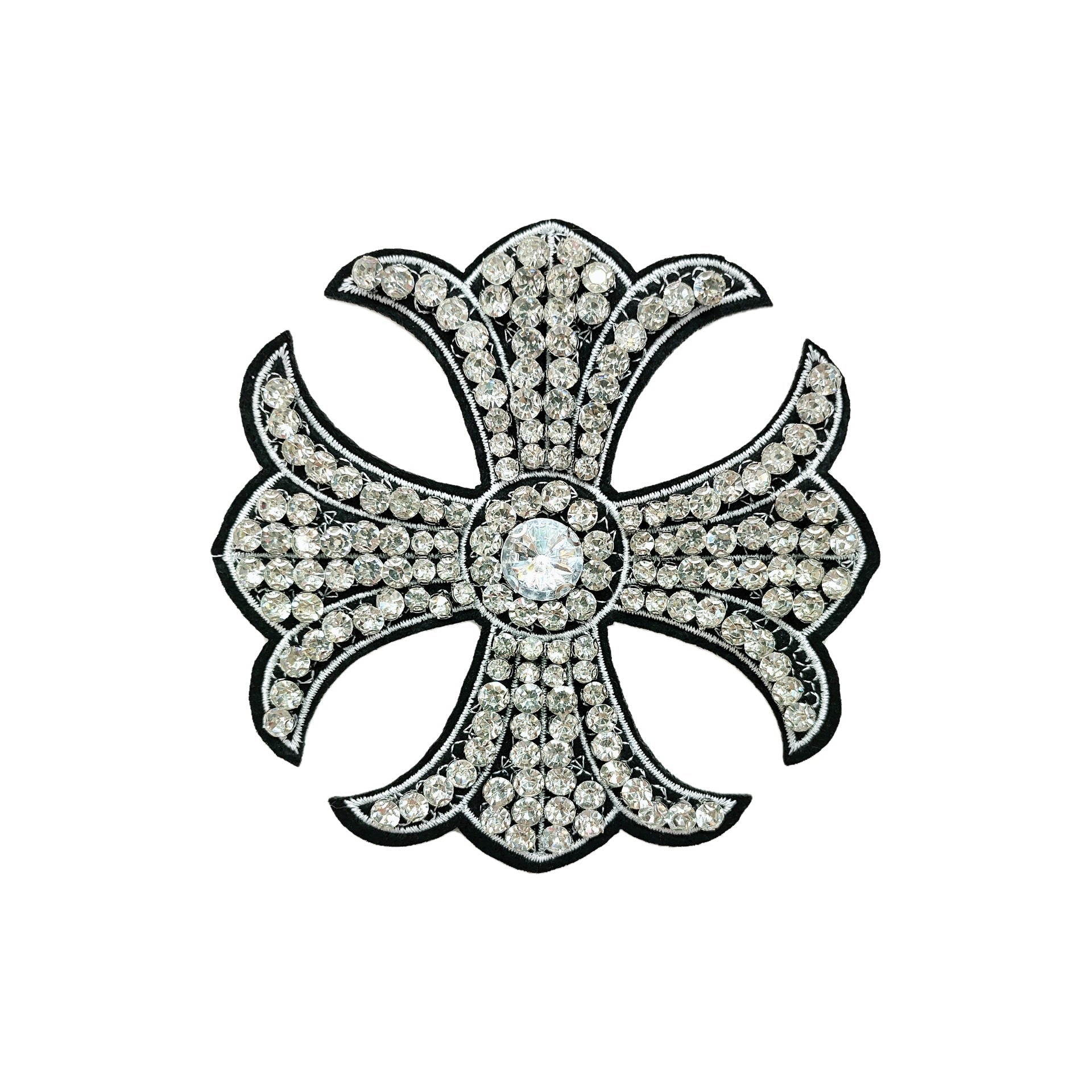 Silver rhinestone cross appliqué with round center crystal and petal stones