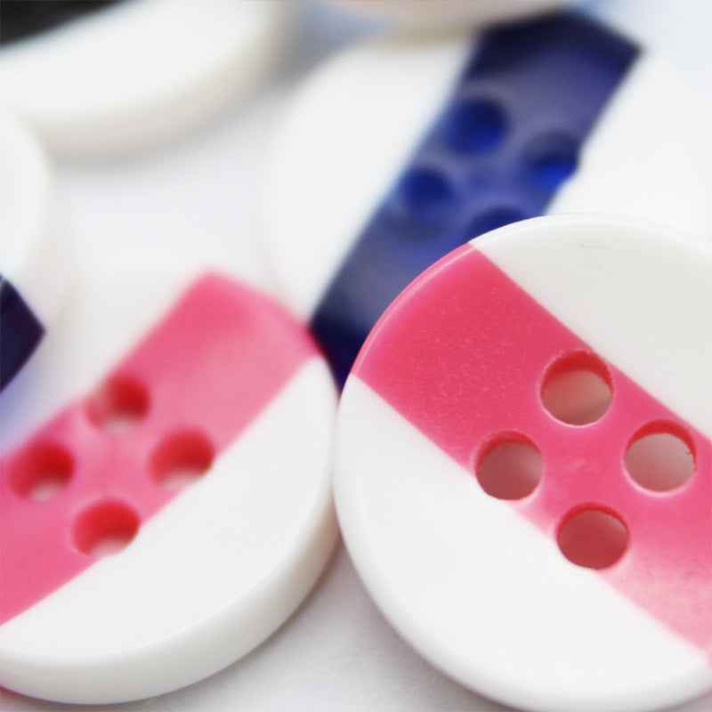 Dual-tone round resin button, 4-hole: bright pink top on white base