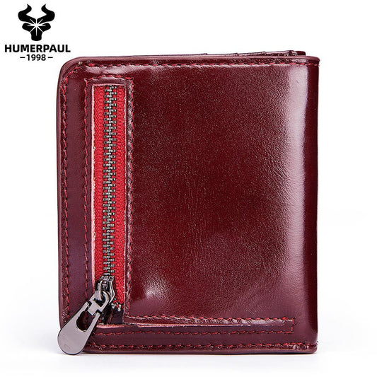 Men's Leather Short Wallet Top Grain Cowhide Minimalist Card Holder Red