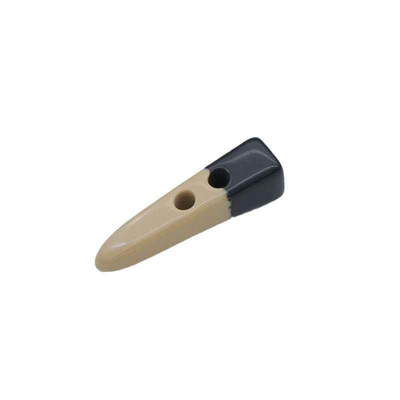 Horn-shaped resin toggle button, beige with dark end, two holes