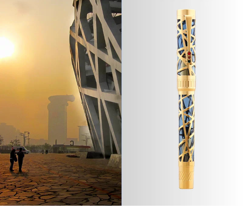 MAJOHN T6 City Light Fountain Pen – Piston Filler | Transparent Resin & Hollow Metal Body Gold Blue