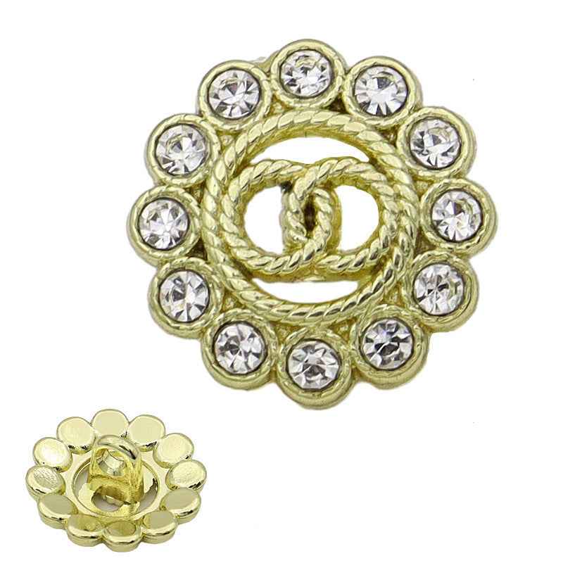 Gold Strass-Knopf 15mm, hohl, doppelter Ring, mit glänzenden Steinchen