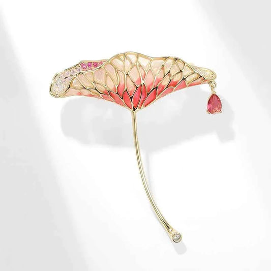Gold Green Enamel Lotus Leaf Waterdrop Zircon Brooch Pin Rose