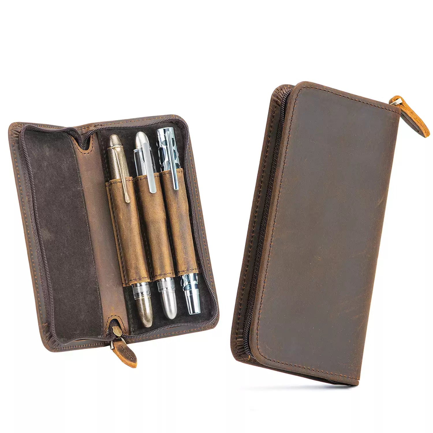 Asvine 3-Pen Crazy Horse Leather Zipper Fountain Pen Case Dark Brown