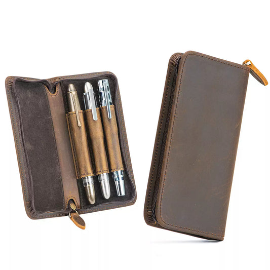 Asvine 3-Pen Crazy Horse Leather Zipper Fountain Pen Case Dark Brown