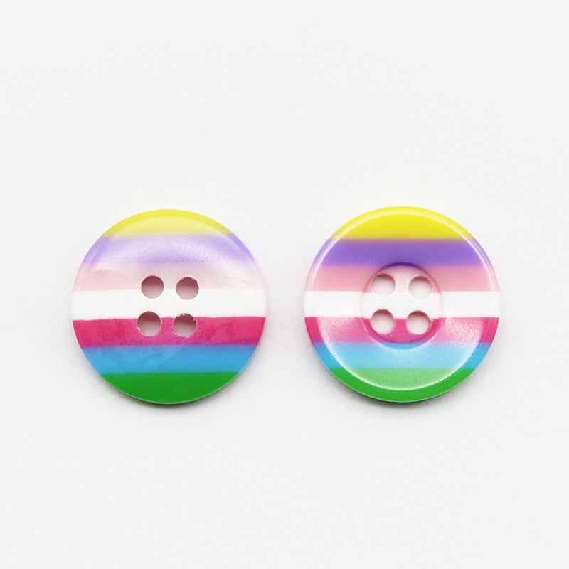 Colorful 4-hole resin buttons, rainbow stripes with yellow, purple, pink, wide edge
