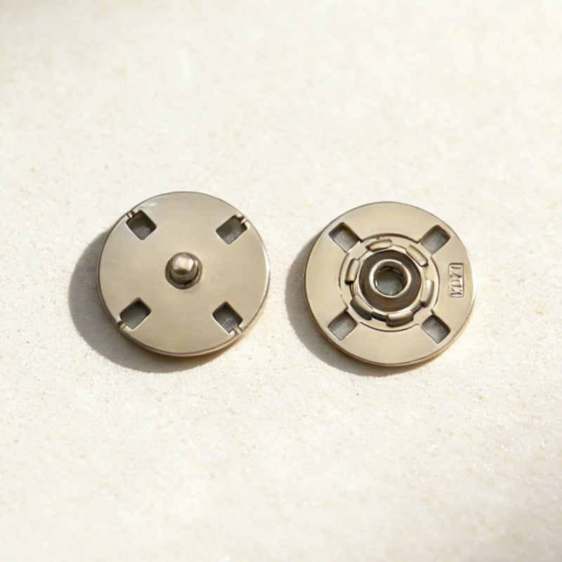 Round invisible metal snap buttons, white-nickel finish—front stud and back socket