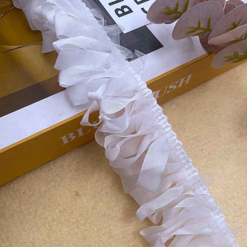 Woven chiffon fringe trim with tassels, braided edge, white, 5 cm