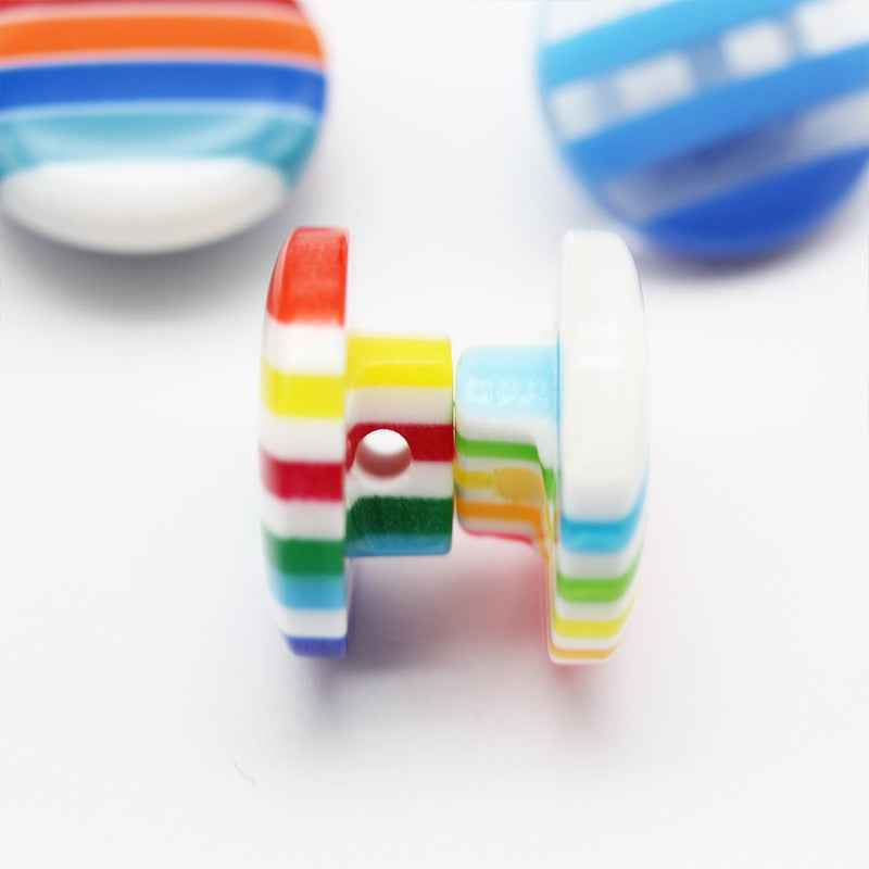 Striped resin shirt buttons, round shank backs with multicolor horizontal stripes.