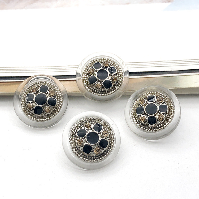 Style 3 round metal shank button, navy enamel floral design with rhinestone border