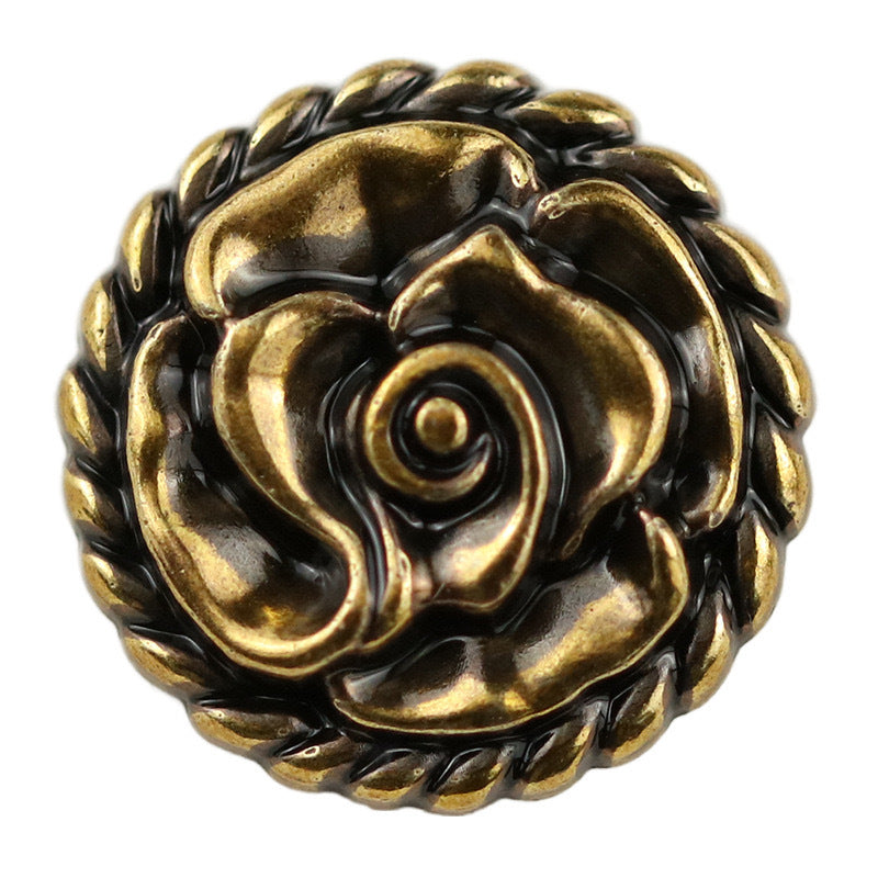 Vintage Gold Rose metal shank button, black enamel accents, ornate floral design