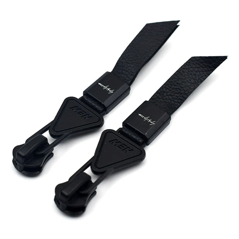 Black zipper pulls, textured strap with logo badge and triangular emblem, 10-pack