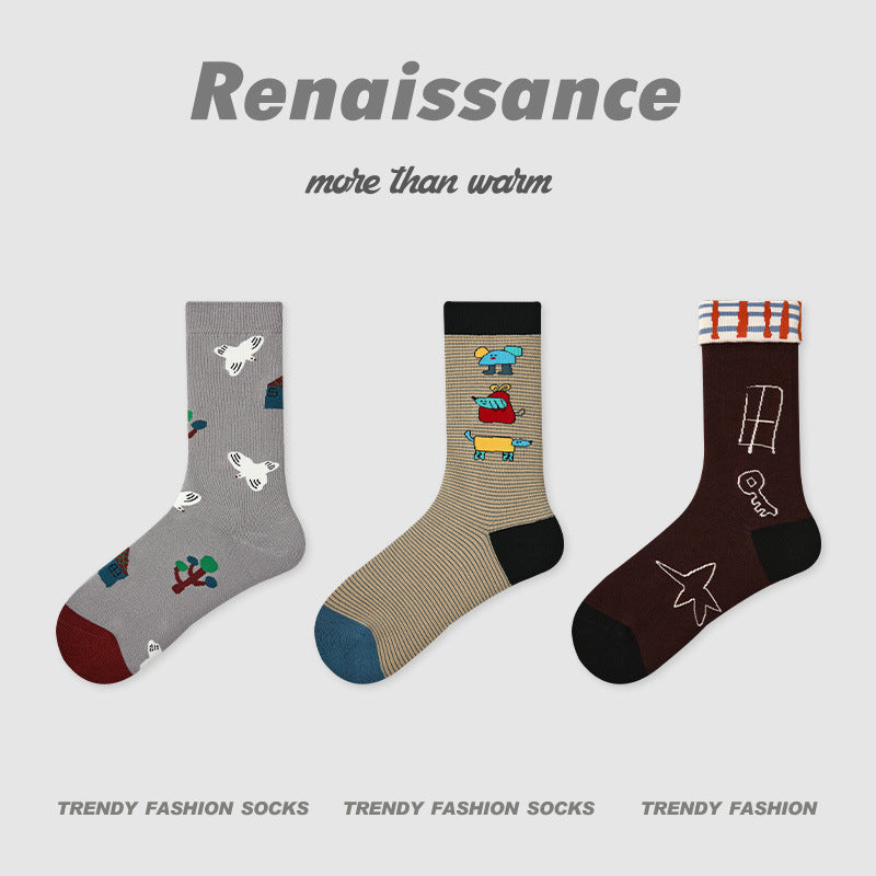 3-pack princess socks: gray cat marks, beige stripe fish, and dark red star outline